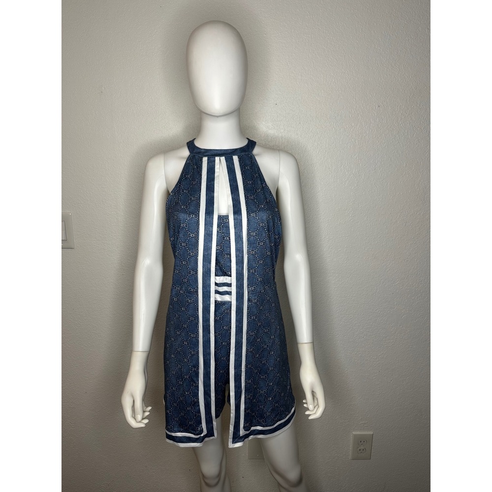 Blue Denim Print Bow Motif Halter Neck Romper Dress Overlay Sleeveless
